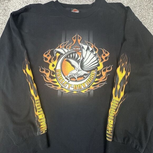 Harley Davidson Flame Sleeve Eagle Shirt Mens 2XL Regular Black Y2K Made in USA - Picture 1 of 7